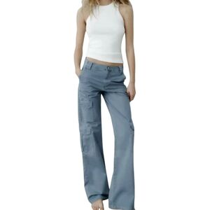 Zara Blue Gray High Waist Cotton Cargo Pants Size 4